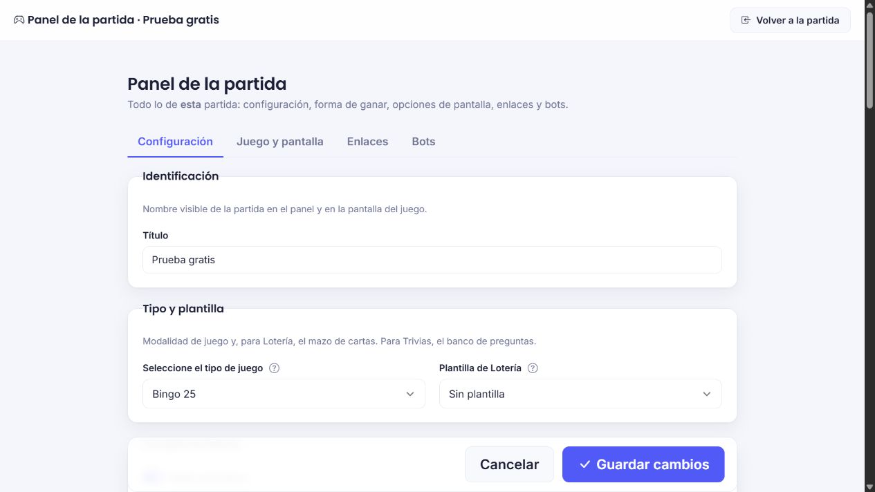 Panel del anfitrión para configurar el título, tipo de juego y plantilla