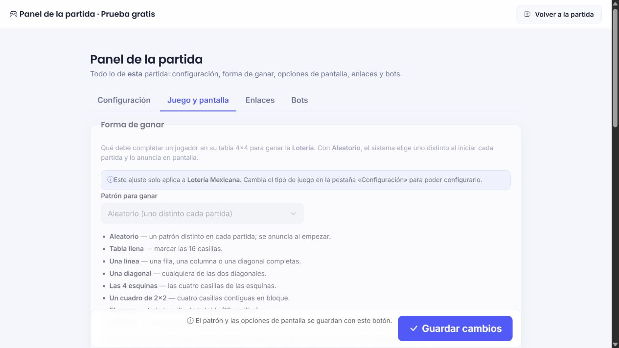 Opciones del anfitrión para patrón ganador y elementos de la pantalla