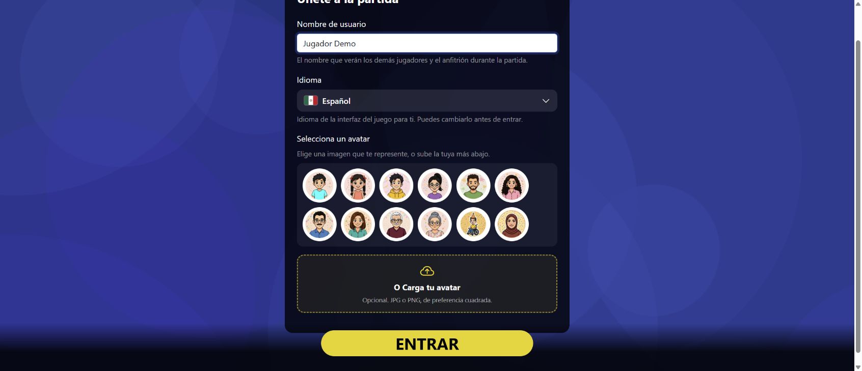 Pantalla para que el jugador elija nombre, idioma y avatar