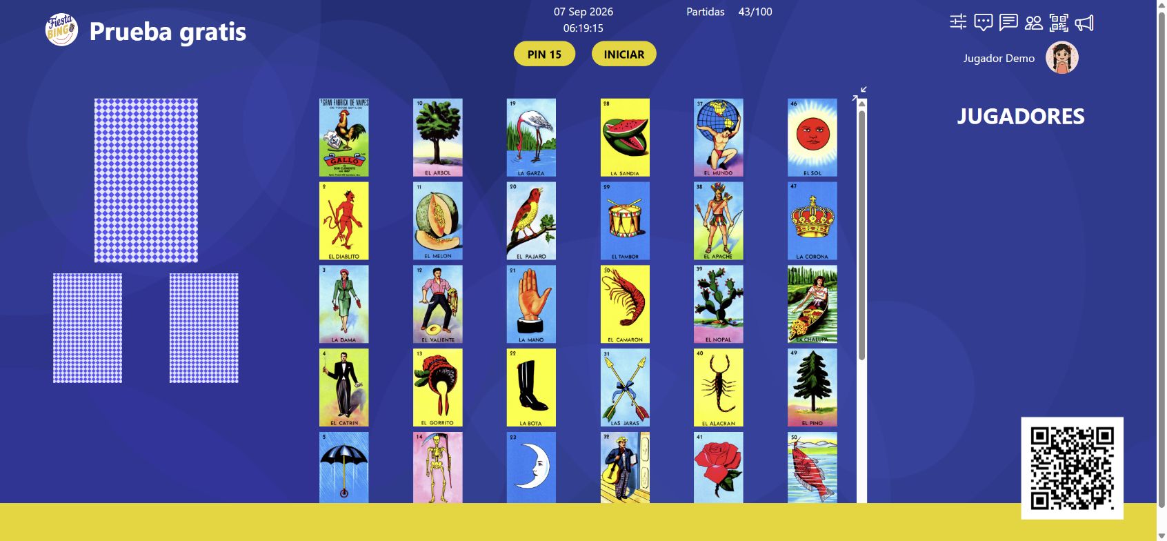 Pantalla del anfitrión con el mazo completo de cartas de Lotería Mexicana