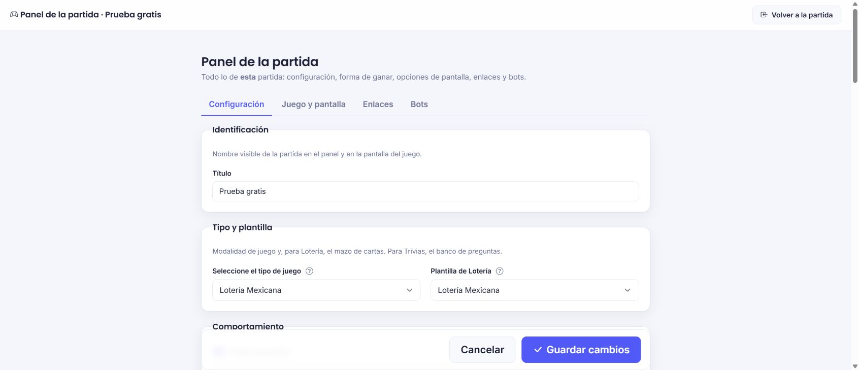 Panel de configuración con el tipo y la plantilla Lotería Mexicana seleccionados
