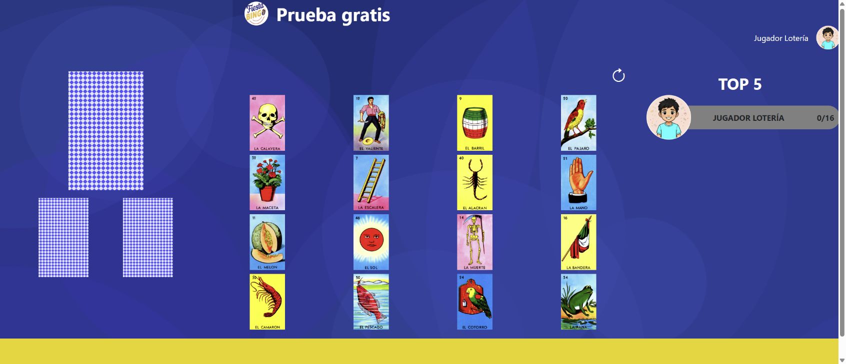 Cartón digital del jugador con dieciséis cartas ilustradas de Lotería Mexicana