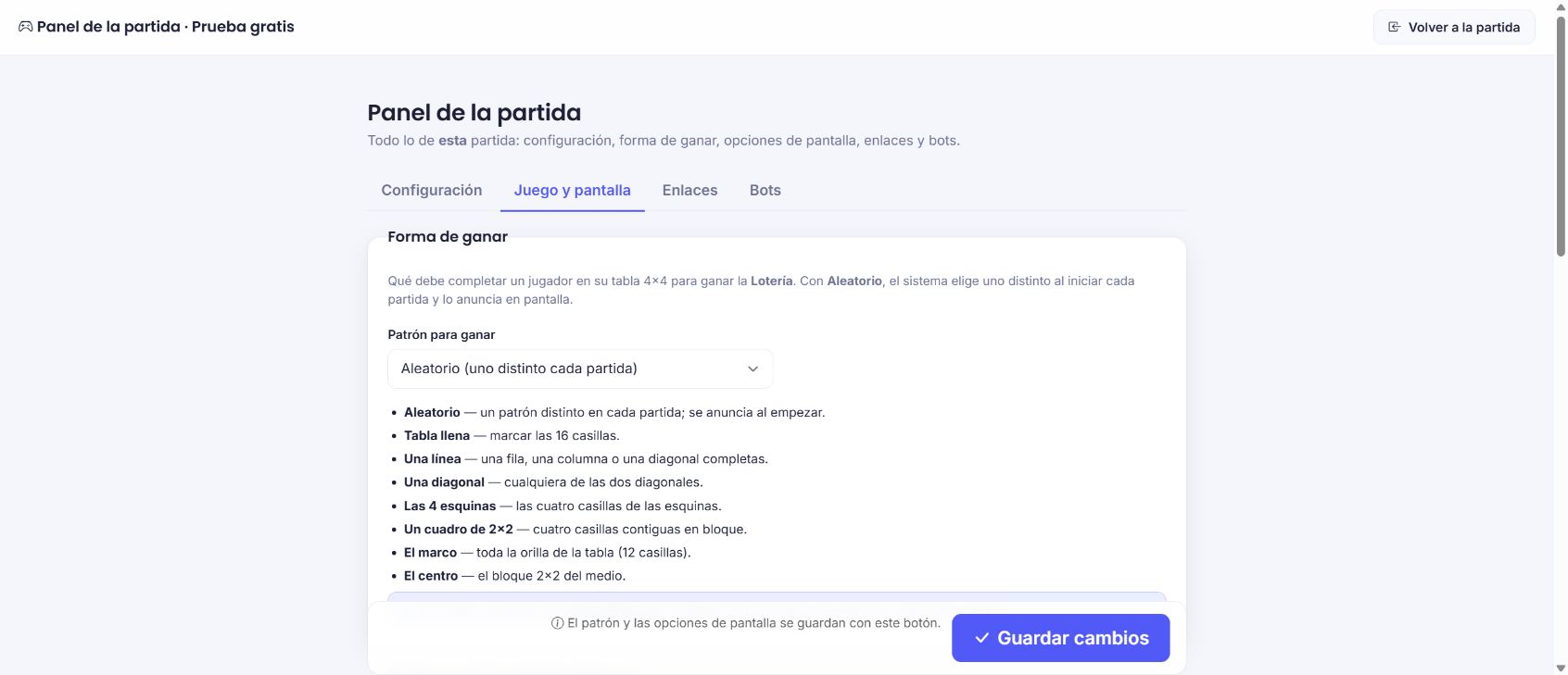 Panel para elegir el patrón ganador y las opciones visibles de la partida de Lotería